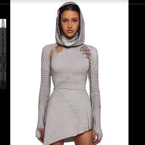 NWT Dolls Kill Frequency Asymmetrical Hooded Mini Dress - Ecru